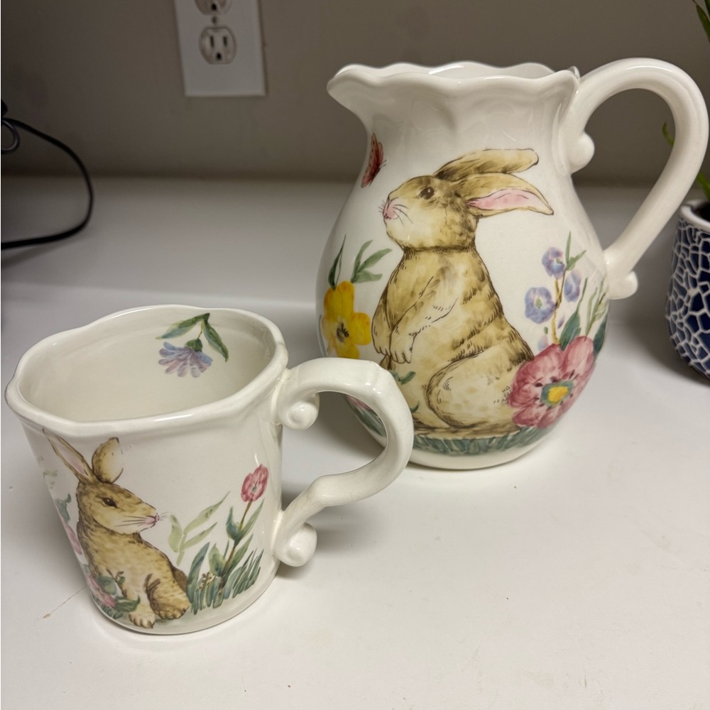 Maxcera Rabbit Floral Ceramic Pitcher and Mug Set Glossy Finish Decorative